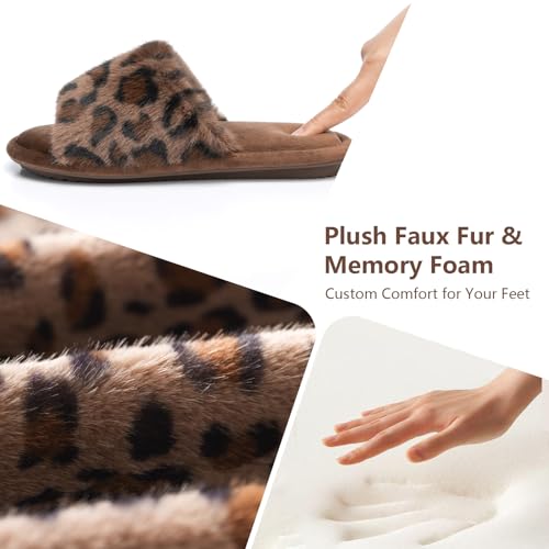 Image of GOEWY Women's Fuzzy Open-Toe House Slippers with Memory Foam - Leopard Print Cheetah Plush Cozy Cute Slipper Indoor /Outdoor Soft Slip On Slides Gifts for Women Mom Her Ladies