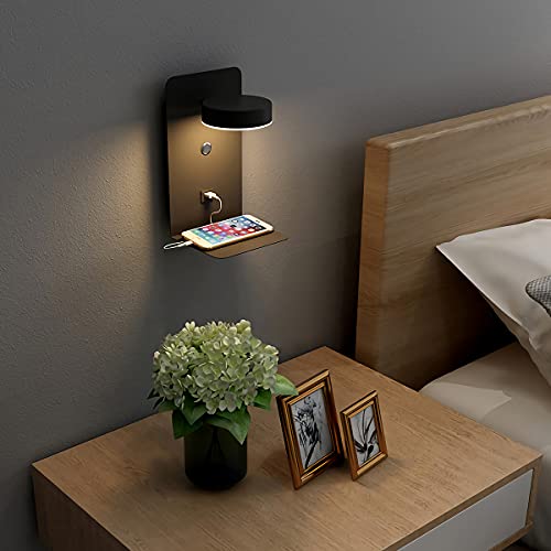 Apliques de pared LED de aluminio negro USB lámpara de lectura regulable, lámpara de pared interior con interruptor y puerto de carga USB, lámpara de cabecera giratoria de 330 °, 3000K ~ 6000K