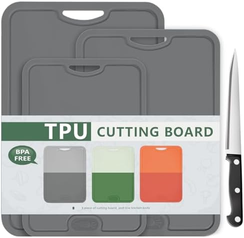 Gintan Flexible TPU Cutting Board with Knife and Juice Groove, BPA Free Flexible Chopping Boards for Kitchen Dishwasher Safe Easy Grip Handle(L+M+S-Drak Grey)