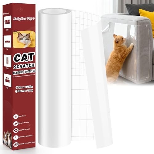 Ealyder Tape Anti Cat Scratch Furniture Protector 17” x 197”, Thickened Transparent Self-Adhesive Couch Protectors, Dogs Scratch Deterrent Tape, Protection from Pets Scratching, with 50 Twist Pins