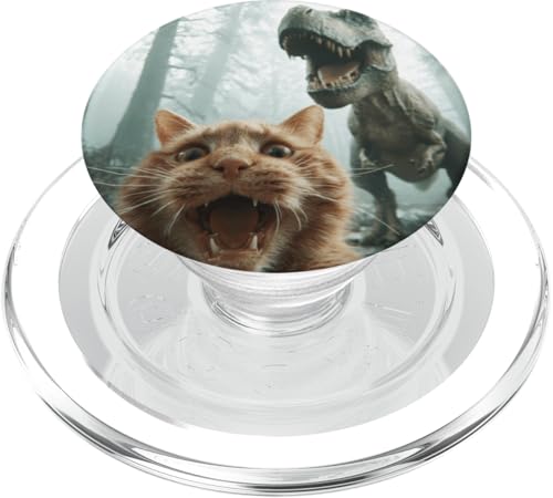 Selfie di gatti con dinosauro, foto di gatto spaventato divertente PopSockets PopGrip per MagSafe