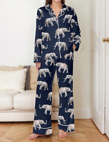 Image of SHESHOW Satin Pajamas Set for Women Set Long Sleeve Button Down Pjs Sets 2 Piece Loungewear Animal Sleepwear XS-XXL