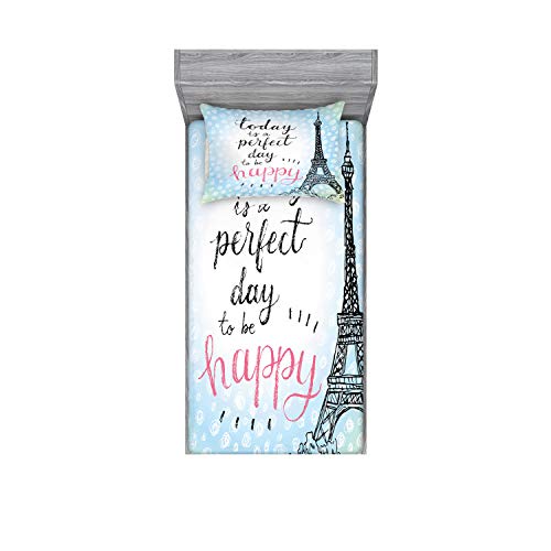 Ambesonne Eiffel Tower Fitted Sheet & Pillow Sham Set, Perfect Day Eiffel Tower Polka Dot Handwriting Typography Sketch Paris Print, Decorative Printed 2 Piece Bedding Decor Set, Twin, Black Blue