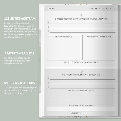 BIROYAL 5 Minuten Tagebuch für Erwachsene, 128 Seiten, A5 | die Kombination aus Mindfulness- & Dankbarkeitstagebuch | Achtsamkeitstagebuch | Journal für Selbsterliebe & Motivation