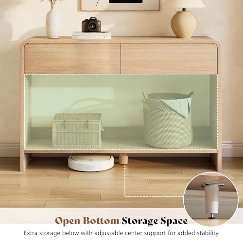 Image of AMERLIFE 45 inch Modern Console Table with 2 Storage Drawers and Open Shelf, Wooden Entryway Table with Curved Edges, Sofa Table Behind Couch for Hallway, Foyer, Entrance, Living Room, Natural Oak