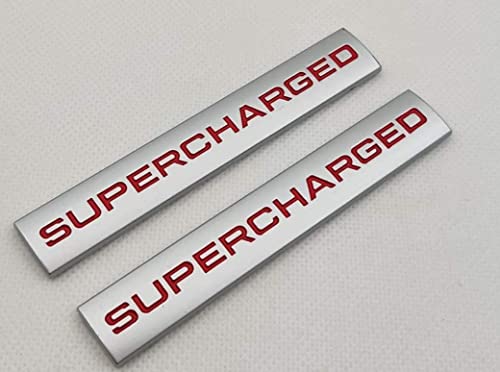 Image of 2Pcs 3D Raised Supercharged Logo Car Emblem Premium Auto Badge Rear Trunk Sticker Side Decal (Silver red)