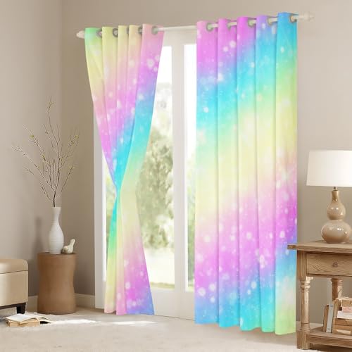 Homemissing Rainbow 30%-50% Blackout Curtains Tie Dye Pastel Window Curtains Stars Glitter Darkening Drapes for Bedroom for Kids Colorful Stripes Bedspread C Room Decor (2 Panels,W46*L54) - Image 3