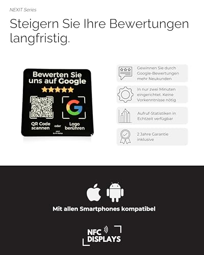 Aufsteller/Aufkleber-Karte für Google Bewertungen - mit QR-Code und NFC - 6x6 cm (2x Pack-schwarz-Deutsch)