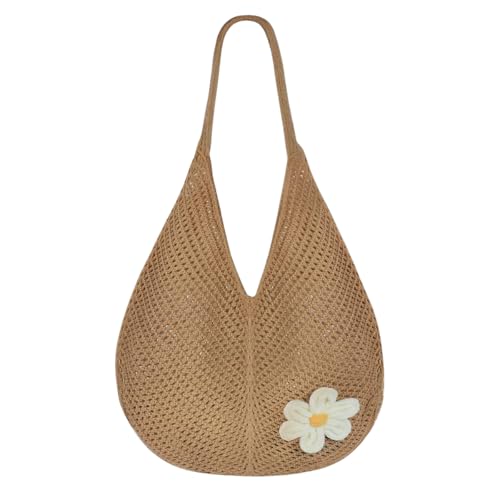 Image of PALAY Tote Bag for Woman Crochet Mesh Beach Shoulder Bags with Flower Brooch Summer Vacation Knitted Bag for Women Shoulder