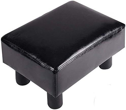 Small Footstools Ottoman Rest Modern PU Faux Leather Foot Stool Rectangle Footrest Padded Seat (Black)