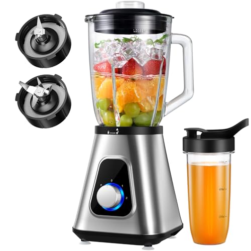 GDOR 1200W Smoothie Blender 2 in 1 Blender with 1.5L Glass Jug & 650ML Travel Cup 3 Speed Smoothie Maker Professional Glass Jug Blenders for Smoothies, Shakes, Frozen Drinks, Ice, Sauces, Silver