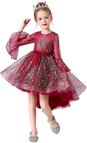 Sequins Tulle Sheer Ruffle 3/4 Sleeves Flower Girl Lace Dress for Kids Wedding Bridesmaid Pageant Communion Birthday Party Long Princess Puffy Dresses Dance Evening Maxi Gowns Red-Star 5-6X