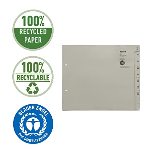 Leitz Register, Trennblätter mit Taben und alphabetischem Aufdruck A-Z für 75 Ordner, Halbe Höhe und Überbreite, Grau, 100% recyceltes Papier, Blauer Engel Siegel, 13510085