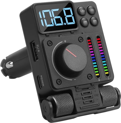 V5.0 Trasmettitore FM Bluetooth per auto, 23 W PD+QC3.0 Wireless Bluetooth Car Kit/Lettore Musicale con 3 porte USB, Modello Bassi, Chiamate a mano, LED blu