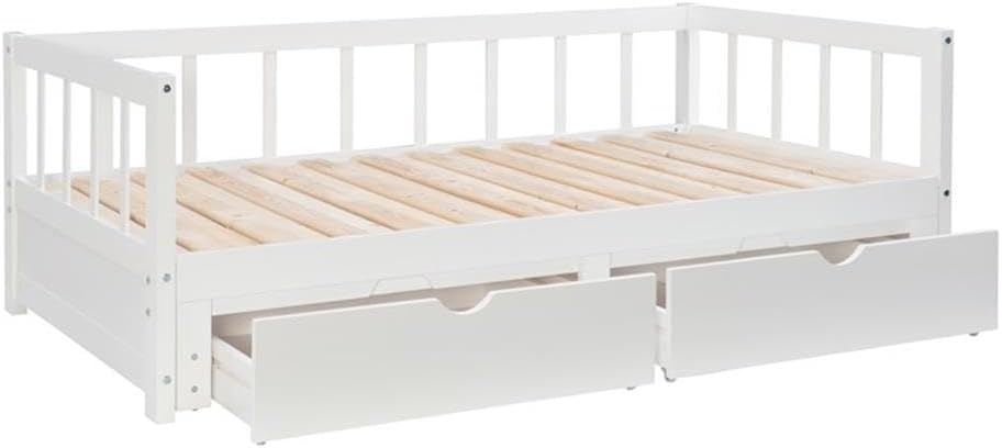 BOWERY HILL Contemporary Wood Storage Trundle Daybed, Glossy White Finish, Twin to King Convertible Frame, Solid Pine Construction, 2 Pull-Out Drawers, 77.75" w x 43.5" d x 26.25" h, Guest or Kids