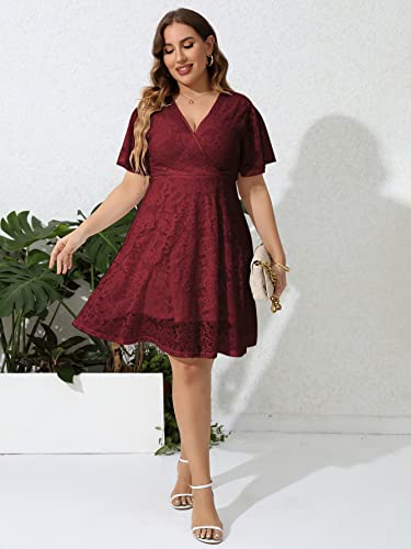 Scomchic Women Lace Plus Size Cocktail Dress For Wedding Guest V Neck Short Sleeve Flowy A Line Knee Length Dresses Burgundy 3Xl #TOP4