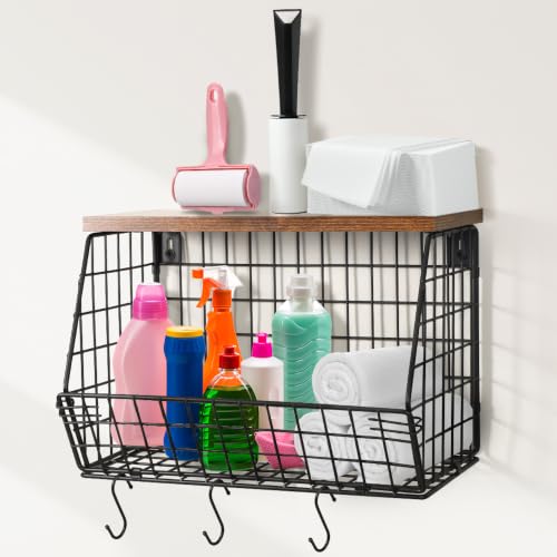 Picowe Laundry Room Shelves Wall Mounted, Metal Basket with Wood Lid (S)