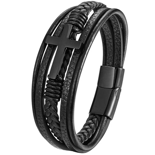 JUZICHEN Bracelet En Cuir Pour Homme, Bracelet En Cuir Avec Croix, Noir Marron Bracelets Et Acier Inoxydable Pour Hommes, 21CM Bracelets Bijoux Cadeau Homme Papa Papy (Cuir noir, Noir)