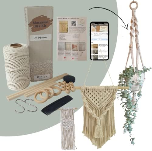 Easy Macrame DIY Kit for Adults Beginners, Wall Hanging, Plant Hanger, Crafts Starter Kit with Easy-to-Follow Video Tutorials, 328 feet (=100 Meters) of Cotton Cord Rope, Wooden Dowel, Wooden Beads