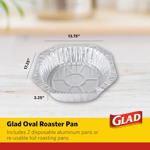 Image of Glad Oval Roaster Pans, 2 Count, Heavy Duty Disposable Aluminum Foil Roasting Pans, 17.25 x 13.75 x 3.25 Inches, For Roasting, Baking, Reheating, and Transporting Food