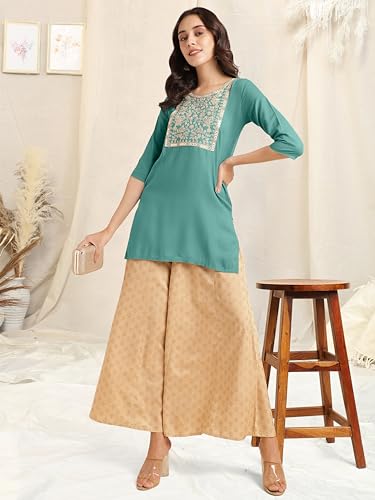 Image of MIRCHI FASHION Women's Straight Fit Rayon Sequins Embroidered and Polka Dots Printed Kurti Only