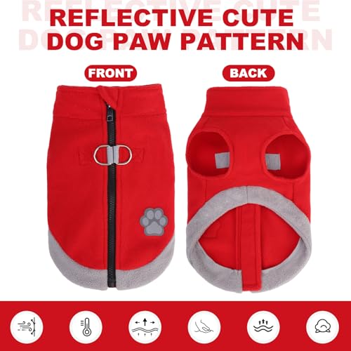Image of Mihachi Dog Fleece Vest Sweater Zip Up Warm Pullover Step-in Dog Jacket with Dual D-Ring Leash, Winter Cold Weather Reflective Coat Clothes Hoodie for Small Medium Dogs Puppy Cat Boy Girl, Red M