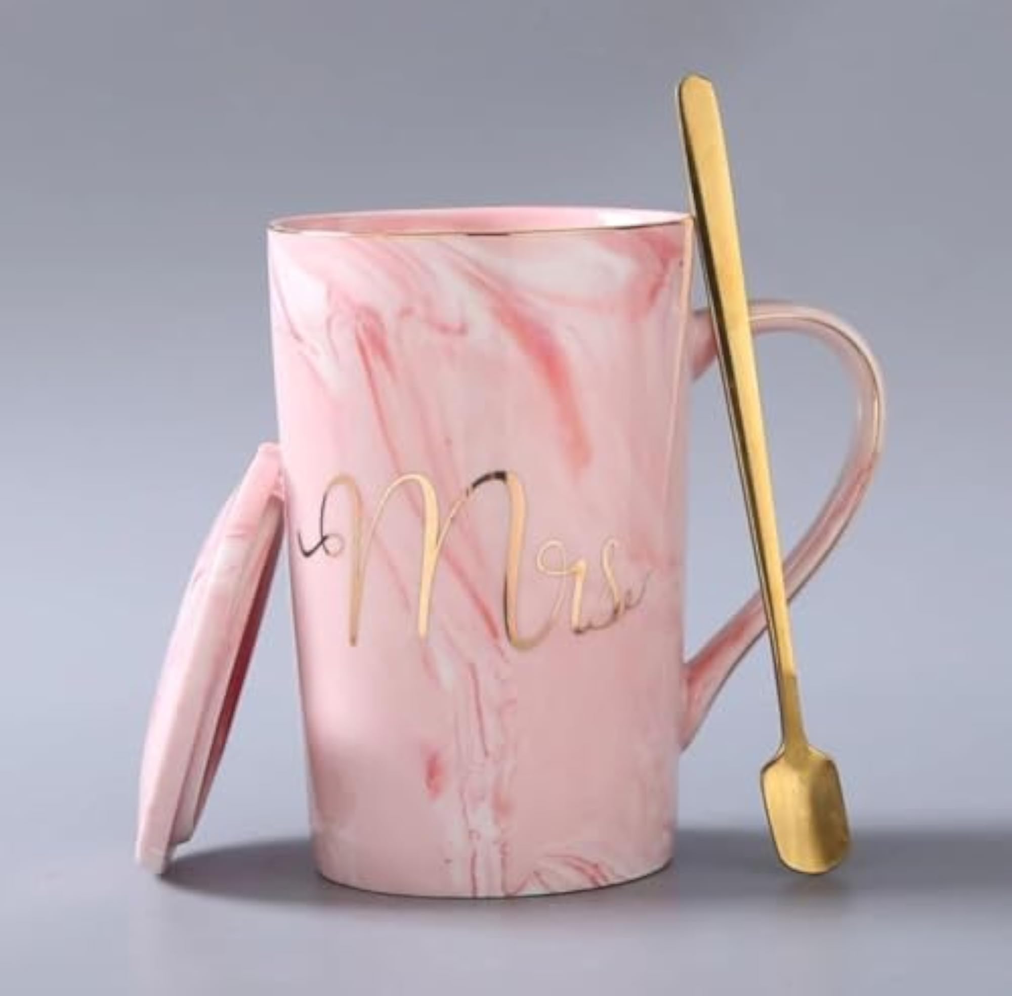 Ceramic Marble Finish Coffee Mug with Lid & Spoon