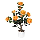 Caxchiling 2FT Artificial Camellia Tree, Small Fake Tree for Outdoor Indoor, Plastic Potted Plants for Home Office, Tabletop Desk Orange Flower Plants (1 Pack)