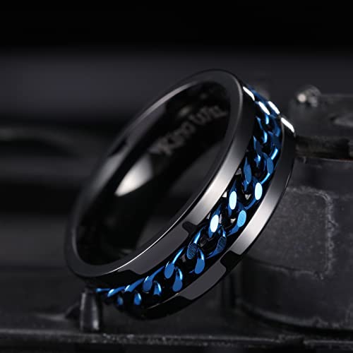 Image of King Will Black /Blue Stainless Steel 8mm Rings for Men Center Chain Spinner Ring, Size 7-14