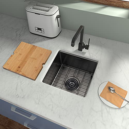 Monsinta Black Bar Sink, Undermount Bar Sink, 15" X 15" Small Bar Sink, Rv Sink, 16 Gauge Stainless Steel Workstation Kitchen Sink With Sink Protector, Cutting Board And Sink Drain Assembly #TOP1