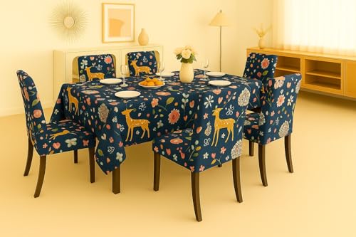 Image of Homerz Premium 6 Seater Dining Table Cloth with 6 Dining Chair Covers,Elastic Fitted Chair Slipcovers, Printed Polycotton Fabric, Table Cloth Size 60x90 inch (Navy World)