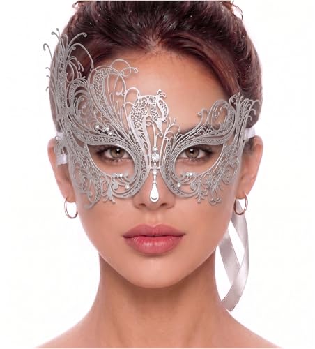 Image of Metal Filigree Masquerade Mask for Women - Swan Style Mask with Rhinestones for Mardi Gras, Prom, Halloween & Venetian Party