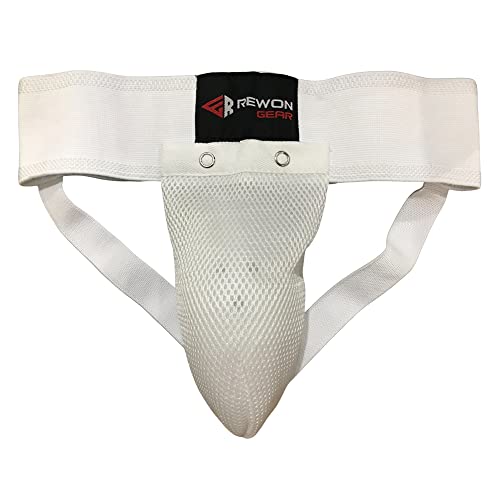 Rewon Gear Cotton Ribbed Groin Protector for Boxing, MMA Muay Thai Fight, Teakwondo (White, Large)