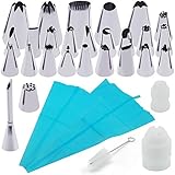 JUMYUE 32 Pieces Cake Decorating Kits,27 Different Icing Tips, 2 Silicone Pastry Bags,2 Reusable Plastic Couplers,1 brush,Baking Frosting Tools Set Cookie Decorating Kit