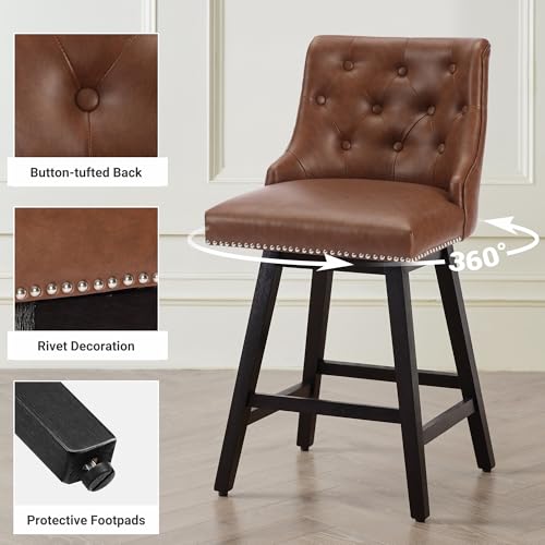 Busaurus Swivel Bar Stools Counter Height, 26\" Faux Leather Upholstered Swivel Counter Stools with Back Set of 4, Modern Kitchen Island Stools with Solid Wood Legs, Brown