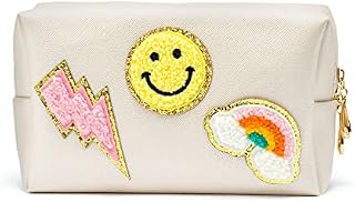 PANTIDE Preppy Patch Small Cosmetic Toiletry Bag Smile Rainbow Lightning PU Leather Waterproof Portable Cosmetic Makeup Bag Travel Organizer Pouch for Toiletries Storage Women Girls Gift (Shell White)