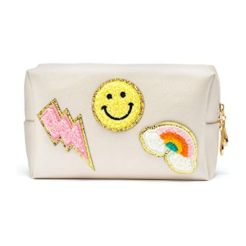 PANTIDE Preppy Patch Small Cosmetic Toiletry Bag Smile Rainbow Lightning PU Leather Waterproof Portable Cosmetic Makeup Bag Travel Organizer Pouch for Toiletries Storage Women Girls Gift (Shell White) Cover