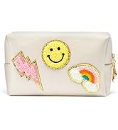 LieToi Preppy Patch Small Cosmetic Toiletry Bag Smile Rainbow Lightning PU Leather Waterproof Por...