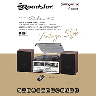 Roadstar HIF-8892DBT Mini Chaîne Hi-FI avec Platine Vinyle Vintage 3 Vitesses 33/45/78, Radio Dab/Dab+/FM, Lecteur CD/CDR/CDRW/CD-MP3, Cassette, Bluetooth, USB/Carte SD, Télécommande, Bois