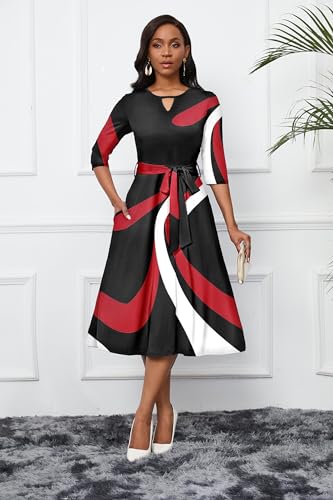 Image of CLOCOR Midi Dresses for Women Casual A-Line Fit and Flare Dress Crewneck 3 /4 Sleeve Keyhole Cocktail Party Church Dress