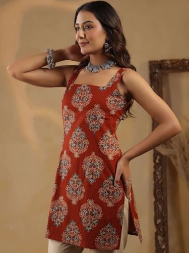 Image of Rimeline Women's Printed Cotton Sleeveless Square Neck Kurti Top | Straight Fit Ethnic Casual Tunic