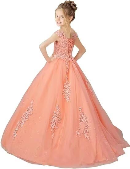 Off Shoulder Tulle Pageant Dress for Girls Lace Appliques Flower Girl Dress Birthday Party Ball Gown3