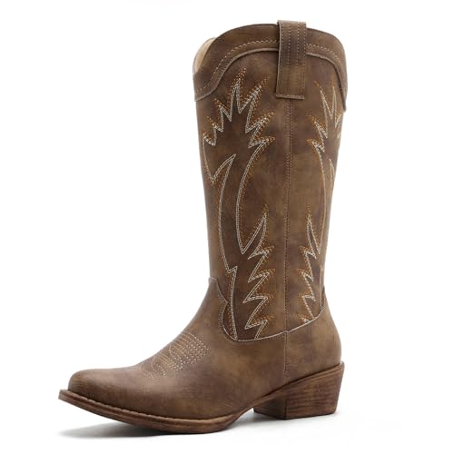 Image of GLOBALWIN Women's Square Toe Cowgirl Boots Classic Mid-Calf Cowboy Boots With Embroidered Stitching Low Heel Comfortable Western Boots For Country Outfits