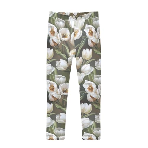 ALAZA Girls' Leggings Children's Yoga Pants Skinny Printed Dance White Tulips Comfortable 4T