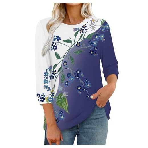 Angxiwan Womens Loose Blouse Women's Round Neck Printed 3/4 Sleeves Blouse Tops Women's T Shirt Short Sleeve Casual Shirts for Women Womens Elegant Tops for Women UK Asymmetrical Dark Blue