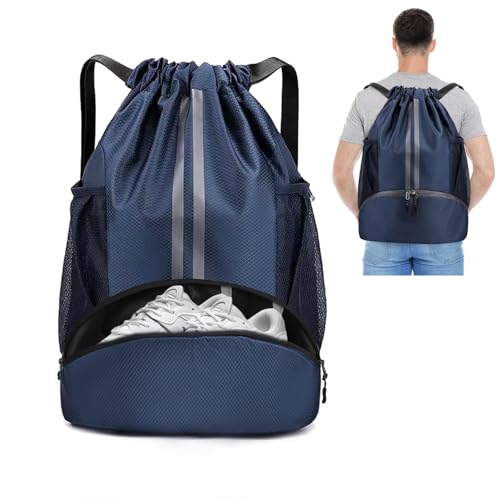 Image of Minicoco Drawstring Backpack - Large Gym Bag Oxford Sports & Outdoor Backpack with Shoe Compartment, Waterproof for Men, Women, Travel (Navy Blue)