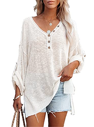 Damen Pullover V Ausschnitt Oversize Sweatshirt Strickpullover Jumper Langarmshirts Tops (4007-Weiß, M) Cover