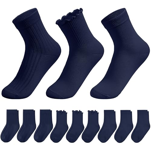 YMYDYFC 9-Pack Kids Socks For Boys Girls Toddler Crew White Ruffle Socks Black Dress Sock School Uniform Cotton Seamless 3-11T G-Navy Medium6-9Years