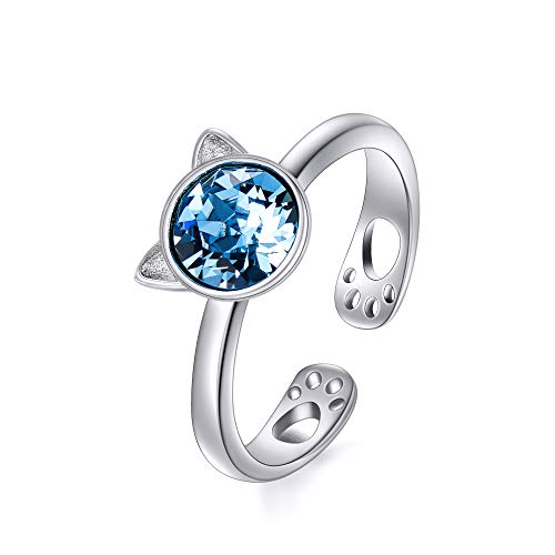 AOBOCO 925 Sterling Silver Cat Ring Cute Kitty Animal Ring for Animal Lovers Women Teen Girls Mom, Made with Austrian Crystal - Main Image