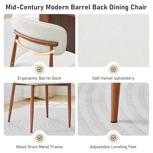 Image of weselon Mid-Century Modern Dining Chairs Set of 4, Upholstered Velvet Dining Room Chairs with Ergonomic Curved Backrest, Wood Grain Metal Frame with Adjustable Feet (Walnut Frame+Gray White Seat, 4)